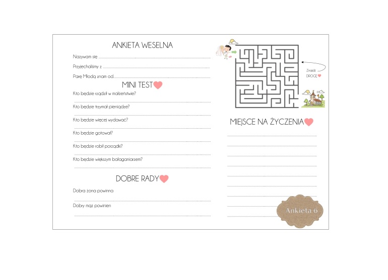 Ankiety weselne nadruk w księdze gości 10 ankiet - tylko nadruk